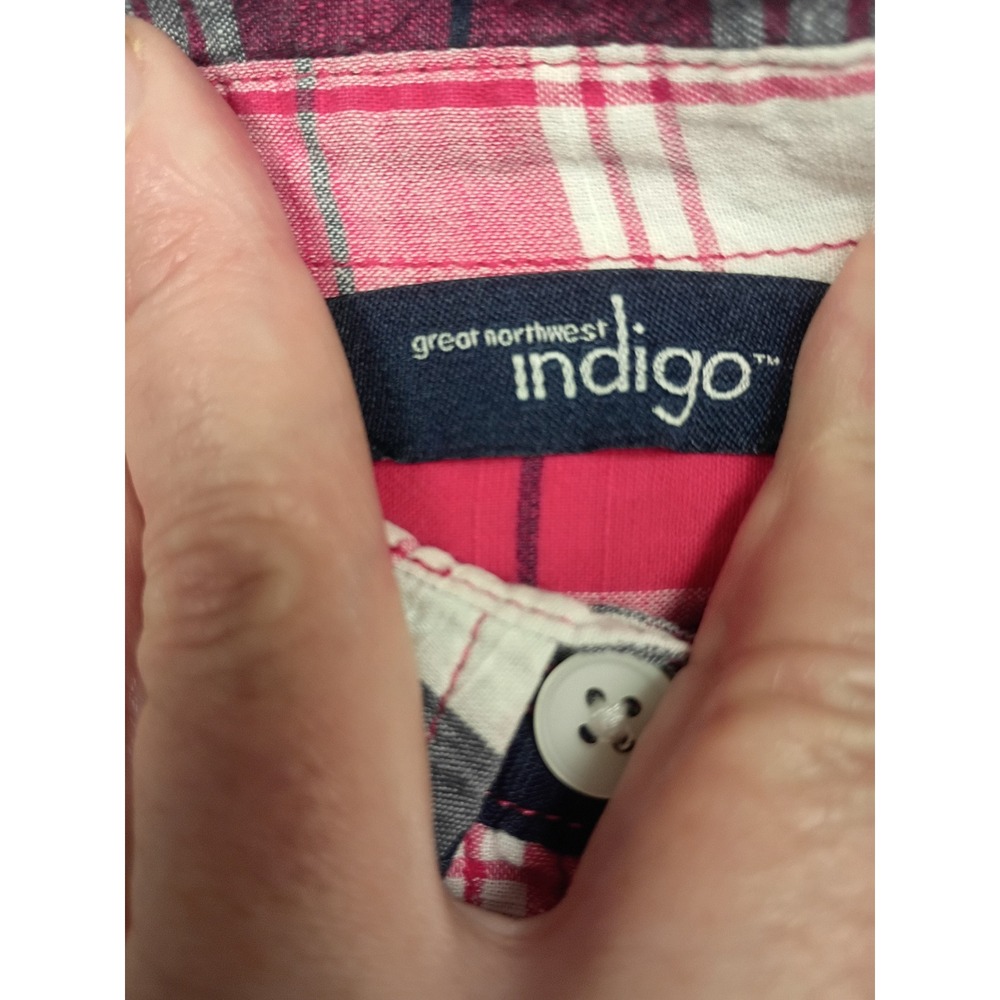 Great Northwest Indigo Sleeveless Plaid Shirt Womens Large Pink Navy Button Down - Picture 4 of 8